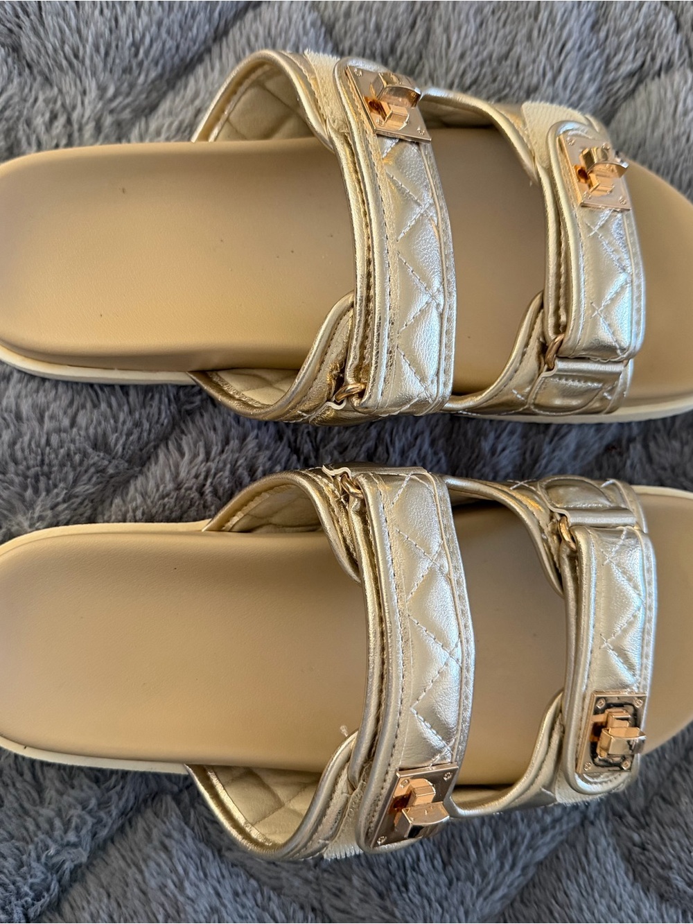 Amazon Gold Quilted Double-Strap Slide Sandals for Women